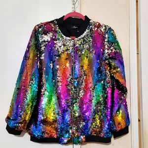 Brand new sequin bomber jacket. Never sed. Size s-m